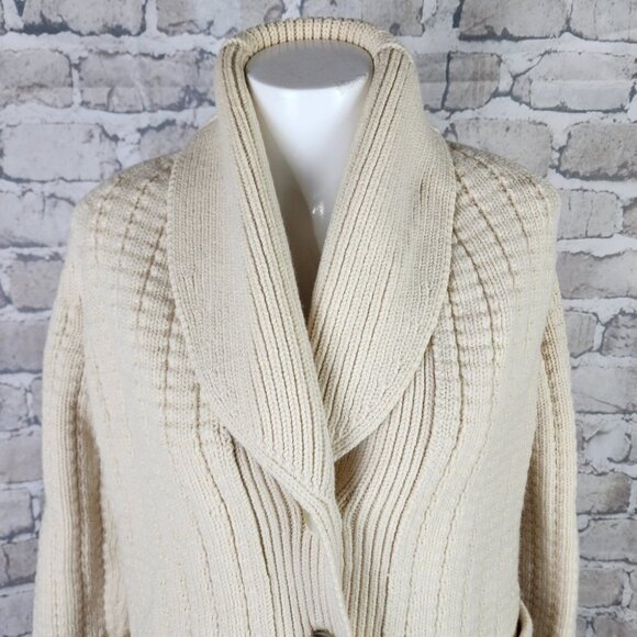 Vintage Virgin Wool Shawl Collar Cardigan Button Front Patch Pockets Cream Med - Picture 4 of 16